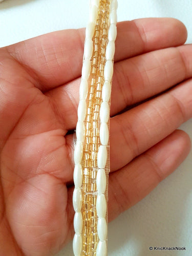 Trim With Off White Long Pearls And Gold Pipe Beads, Approx. 12mm